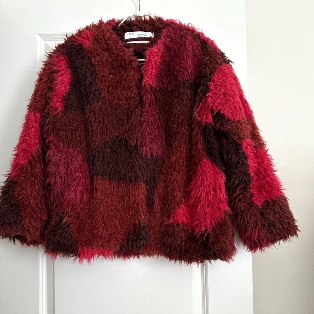 Women's IRO Faux Fur Shaggy Short Coat in Red Burgundy Multi Size FR36 US4